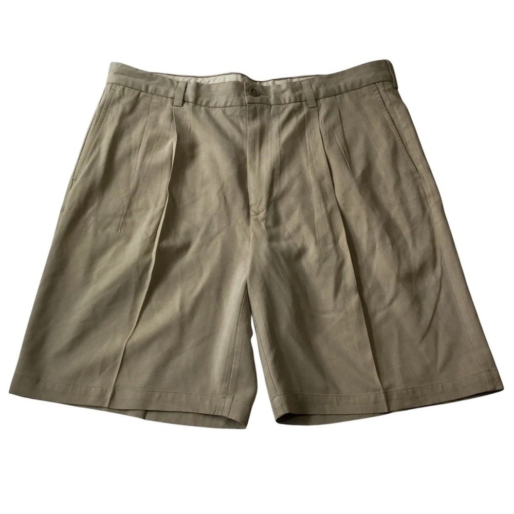 Tommy‎ Bahama Pleated Shorts Mens 36 Khaki Tan Silk Bamboo Herringbone Tropical